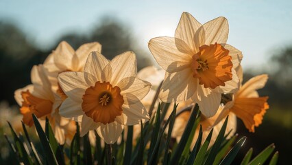 Macro shot of narcissus flowers backlit, highlighting dry leaves and stems in natural light