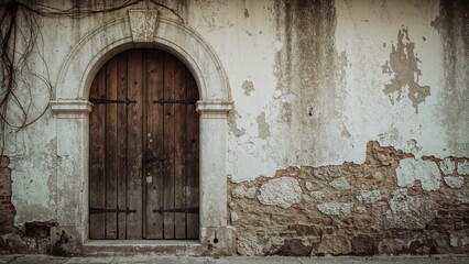Aged exterior wall showcasing an arched wooden doorway and worn white stone finish