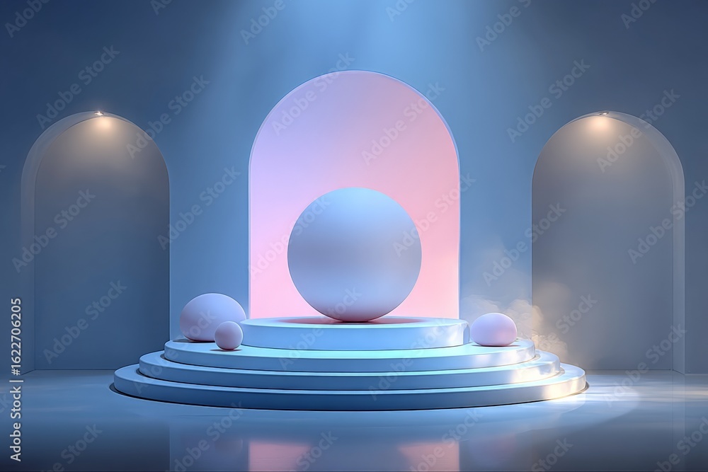 Poster Minimalist studio design features spherical sculptures illuminated by soft lighting in an artistic showcase setting