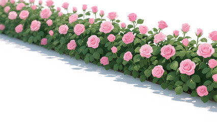 A long row of delicate pink roses with green leaves against a bright white background
