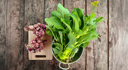 Fresh Asian Vegetables on a Rustic Wooden Table