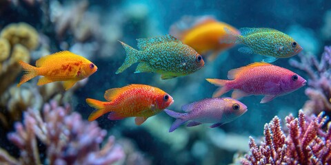 Fototapeta premium Colorful Anthias Fish Swimming Together in a Coral Reef Aquarium Environment