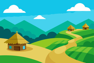 A vibrant summer mountain landscape with green hills, a blue sky, and a quaint village nestled in the countryside