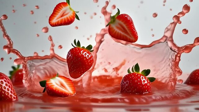 Strawberries falling into a pool of liquid, creating a dynamic splash with droplets suspended in air, showcasing freshness and vibrant color.