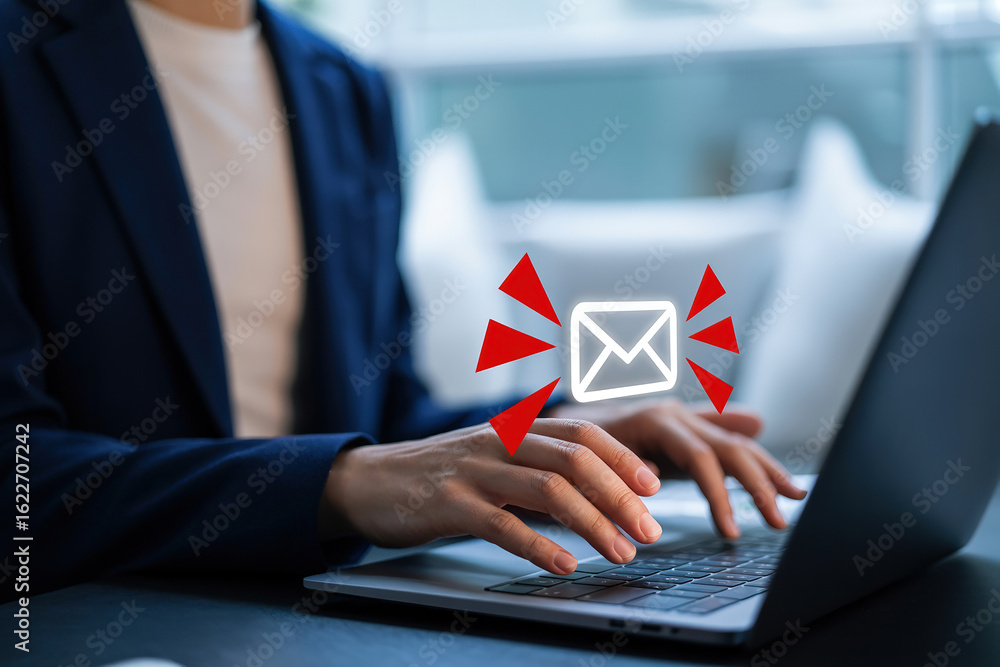 Poster email notification alert on laptop screen with red warning indicators for urgent communication