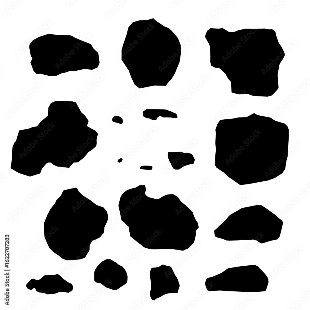 Poster silhouettes of various rocks in different sizes and shapes are scattered across a smooth white backg