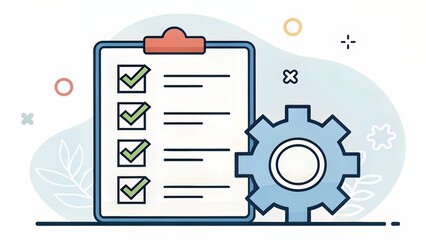 Flat icon of task list with boxes and cog, symbolizing milestone validation and procedural reviews