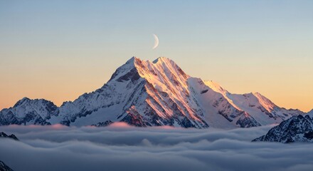 Snowy mountain peak at sunset with crescent moon in clear sky. Majestic natural landscape for outdoor adventure and travel concept.