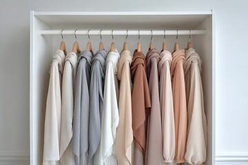 Stunning collection of elegant fabric drapes in soothing neutral tones organized on hangers inside a clean white wardrobe