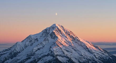 Snowy mountain peak at sunset with crescent moon in clear sky. Majestic natural landscape for outdoor adventure and travel concept.