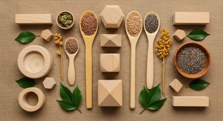 Minimalist Flat Lay with Wooden Spoons, Seeds, and Green Leaves on Burlap 