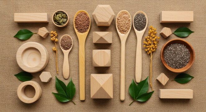 Minimalist Flat Lay with Wooden Spoons, Seeds, and Green Leaves on Burlap 
