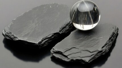 Crystal Sphere on Slate: Minimalist Still Life with Dark Tones and Reflective Surface