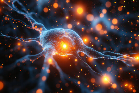 Neurons nerve with glowing orange and blue lights.