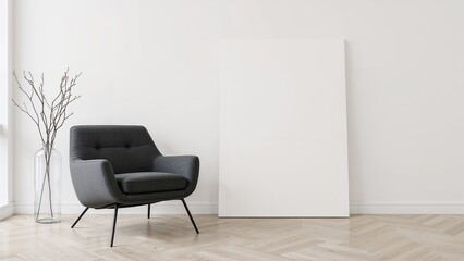 Empty white board mockup for signage or lettering. Stylish modern armchair near a plain wall. Room interior template with room for text.