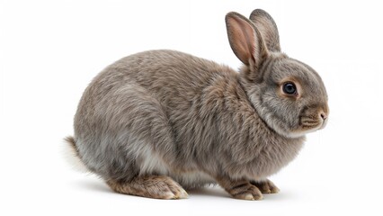 Fototapeta premium Cute grey bunny with floppy ears standing alone on white surface
