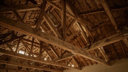 Interior look at a wooden roof framework within an old edifice, including design, wood, residence, construction, home, interior, architecture, natural, support