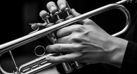 Obraz premium Close-up of Musician's Hands Playing a Silver Trumpet in Black and White