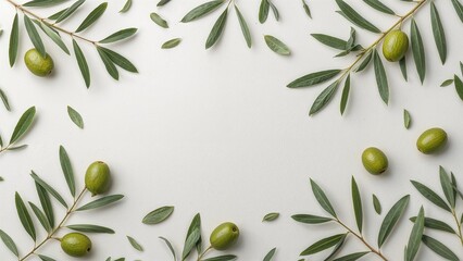 Olive fruits and branches displayed on a white textured surface