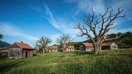 Obraz premium Aged uninhabited village nestled on a seaside island