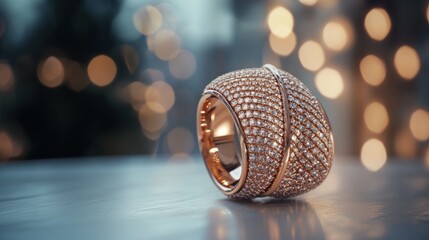 Luxurious Diamond Ring: Sparkling Gemstone Jewelry on Elegant Surface, Bokeh Background.