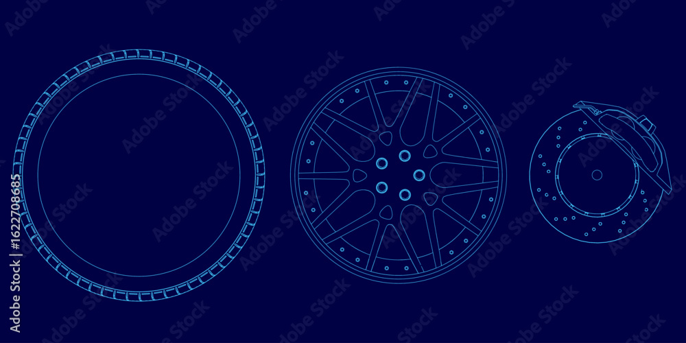 Poster blueprint of a car wheel with three distinct parts, each featuring unique contours and intricate det