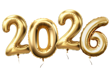 2026 golden foil balloons. Happy New Year concept.