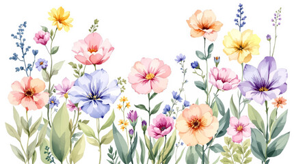 Big set of watercolor flowers bouquets with golden elements. Illustration isolated on white background. Collection garden and wild, forest herb, flowers, branches. 