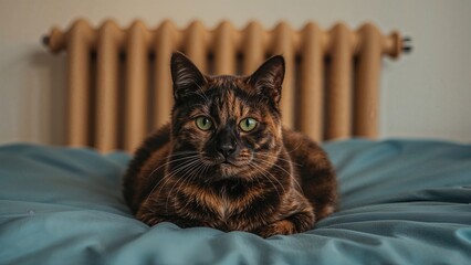 A tortoiseshell cat with striking green eyes lounges on blue bedding beside a warm radiator, looking directly at the lens.