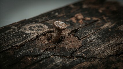 Antique Rusted Fastener Fixed in Burned Plank