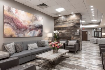 Modern lobby with stylish seating and floral arrangement in a contemporary interior design