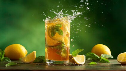 Refreshing iced tea with lemon and mint creating a splash of water