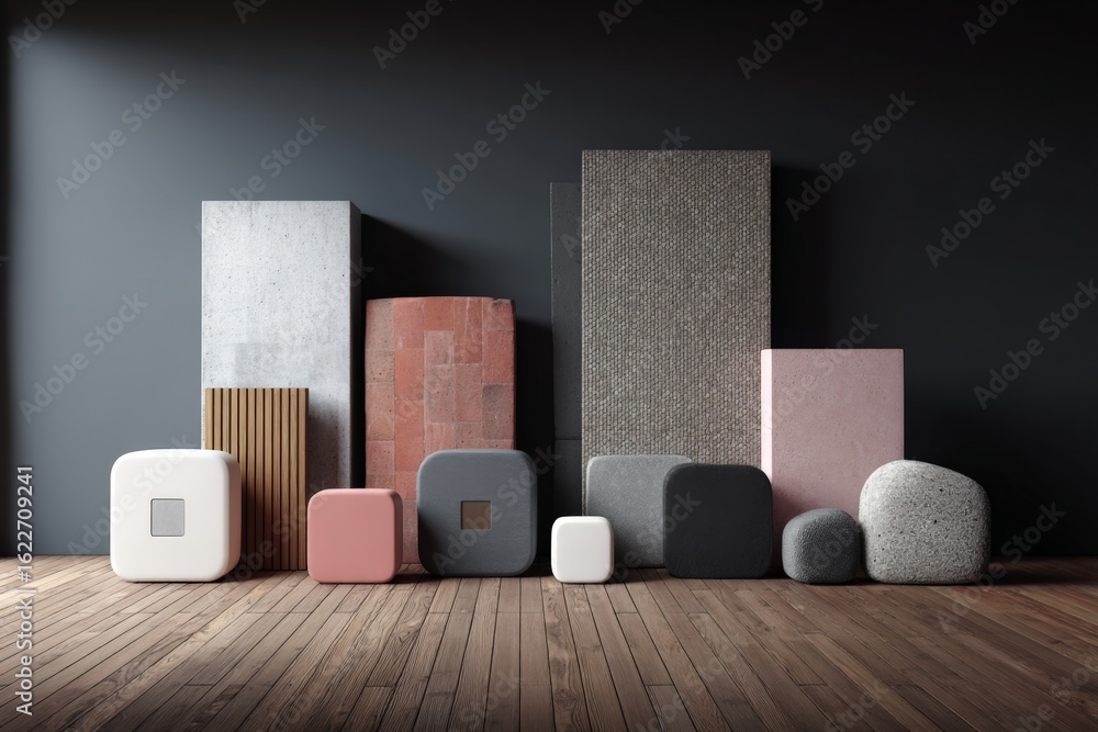 Poster modern abstract composition featuring geometric shapes and textures in a studio environment