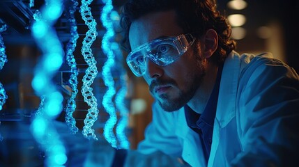 Scientist Examines DNA Strands Illuminated by Blue Light in Laboratory