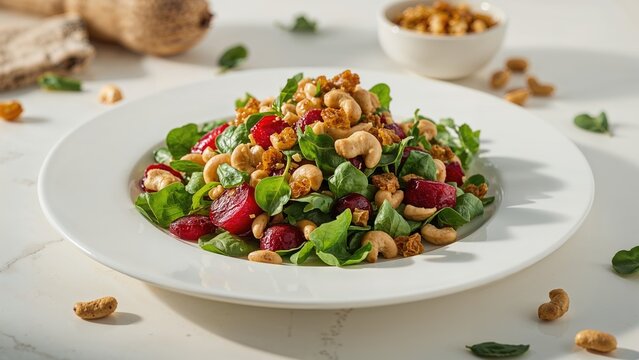 Fresh green leafy salad combined with nuts and dried fruit