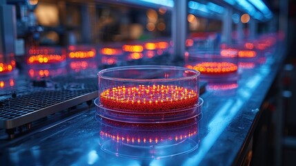 Futuristic Biotech Lab with Rows of Petri Dishes Illuminated