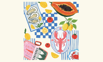 Plakat Sardines love club. Oyster club print design. Sweet Papaya artwork. Lemon and drink artwork. Tomato print. Lobster fish and crab artwork for t shirt print.