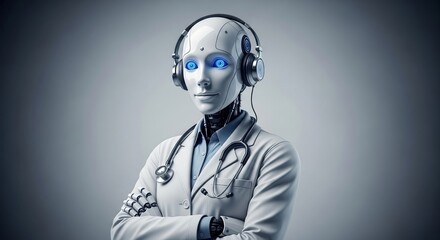 Robot doctor with stethoscope headphones, representing in healthcare