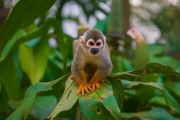 Obraz premium Squirrel Monkey Sitting on Lush Green Foliage Captured in Jungle Wildlife Scene