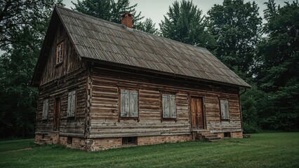 Wooden countryside residence with ornate roof and window designs set in a natural environment with garden and forest