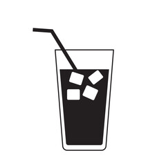 Minimal black and white vector illustration of a cold drink glass with ice cubes and a straw. Simple beverage icon suitable for cafes, restaurants, menus, and food-related designs.