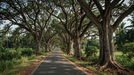Route Lined with Dying Para Rubber and Palm Trees