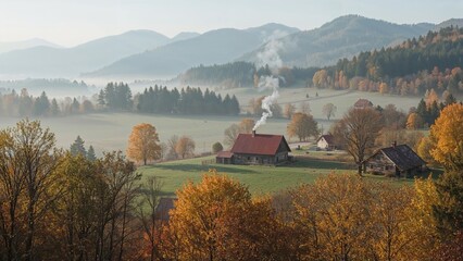 Beautiful foggy countryside scene during autumn