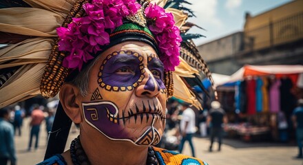 Vibrant Day of the Dead celebration image for cultural designs, Mexico-themed events, and Hispanic Heritage marketing. Features traditional skull face paint. 