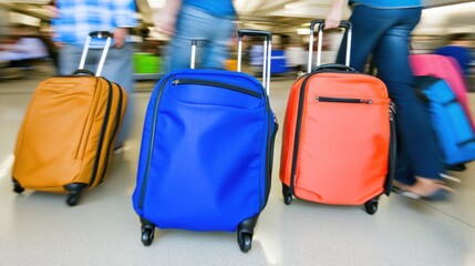 Vibrant Luggage in Motion: Airport Travel with Blurred Figures and Colorful Suitcases