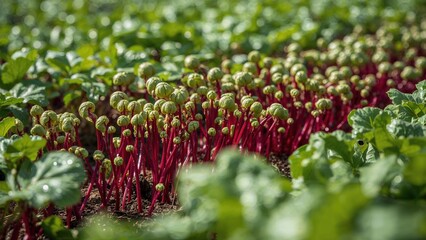 Summer growth of red beetroot greens in a cultivated agricultural environment