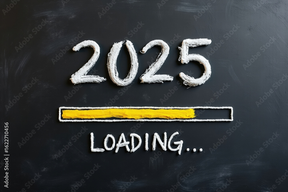 Poster Handcrafted 2025 Year Display with Loading Bar on Chalkboard Surface Representing Future Progress