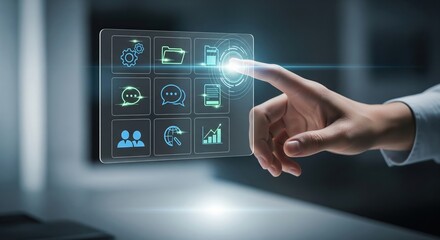 Hand Interacting with Digital Interface Displaying Business Icons on Transparent Screen