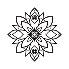 A black and white mandala design centered on a white background. 