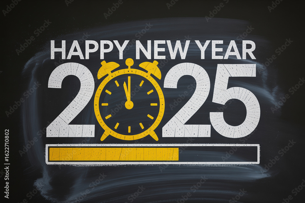 Poster happy new year 2025 a chalkboard design featuring a clock and loading bar symbolizing the year ahead